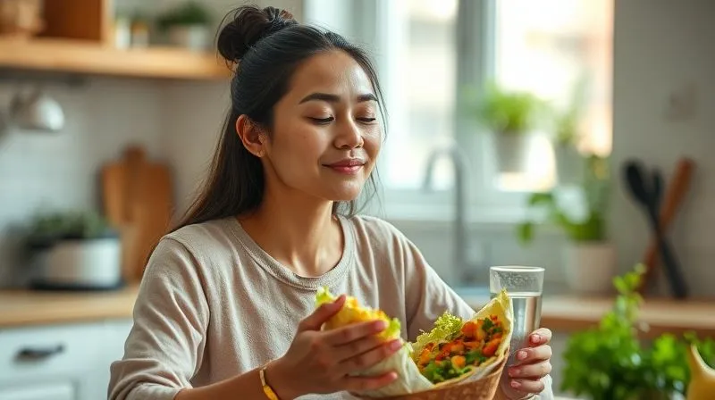 A photorealistic image of a person mindfully enjoying a healthy meal, possibly a wrap, with a glass of water, in a calm and inviting kitchen setting. Soft, natural light, sharp focus on the person's serene expression. 8K, professional photography.