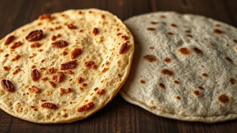 Photorealistic, professional photography, 8K, cinematic lighting. A close-up shot of two different whole-grain tortillas side-by-side on a dark wooden surface. One tortilla is visibly coarser with specks of bran, labeled 'High Fiber Whole Wheat'. The other is slightly lighter in color, labeled 'Multigrain Wrap'. Sharp focus on the textures, depth of field blurring the background.