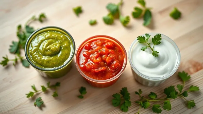 Photorealistic, professional photography, 8K, cinematic lighting. A visually appealing arrangement of three small, colorful bowls, each containing a different low-calorie sauce: a vibrant green pesto-yogurt sauce, a bright red salsa, and a creamy white herb-yogurt sauce. The bowls are on a light wooden surface, with fresh herbs scattered around. Sharp focus on the sauces, depth of field blurring the background.