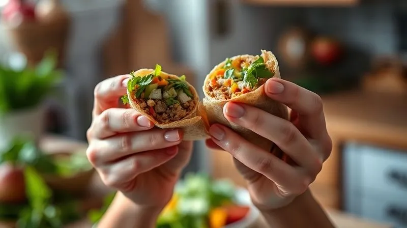 Photorealistic, professional photography, 8K, cinematic lighting. A person's hands gently holding a half-eaten, colorful whole-grain wrap, focusing intently on the food. The setting is a cozy, naturally lit kitchen, with other healthy ingredients (fresh vegetables, herbs) blurred in the background. The scene evokes a sense of calm, mindfulness, and enjoyment of healthy eating. Sharp focus on the hands and the wrap, depth of field blurring the background, shot on a high-end DSLR.