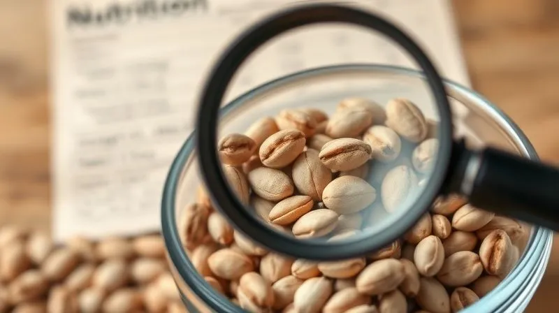 Photorealistic image of a small glass bowl filled with pumpkin seeds, with a magnifying glass hovering over them, emphasizing their texture and individual details. The background is a blurred nutritional label, symbolizing analysis and attention to detail. Cinematic lighting, sharp focus on the seeds, depth of field, 8K, professional photography, shot on a high-end DSLR.
