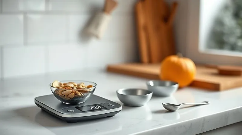 Photorealistic image of a digital kitchen scale with a small bowl of pumpkin seeds accurately displaying 20 grams. Next to it, a small, empty bowl and a measuring spoon. The setting is a clean, minimalist kitchen counter with soft, natural light. Sharp focus on the scale and seeds, depth of field blurring the background. 8K, professional photography, shot on a high-end DSLR.