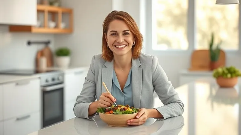 Photorealistic image of a smiling woman in her late 30s, dressed in smart casual attire, sitting at a clean, modern kitchen island. She is happily eating a small bowl of a healthy low-carb salad with pumpkin seeds, looking satisfied and energetic. Soft, natural light illuminates the scene, emphasizing a sense of well-being and accomplishment. Sharp focus on the woman and her meal, with a gently blurred background. 8K, professional photography, shot on a high-end DSLR.