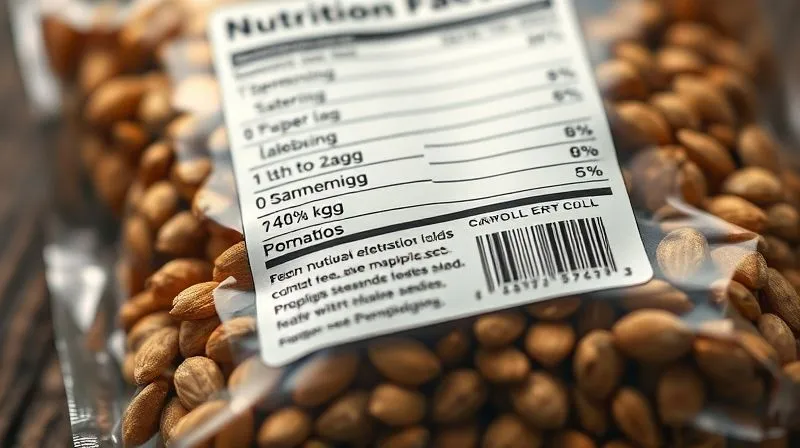 Photorealistic close-up of a food label on a package of pumpkin seeds, with the nutritional information clearly visible, highlighting the carbohydrate content. Cinematic lighting, sharp focus.