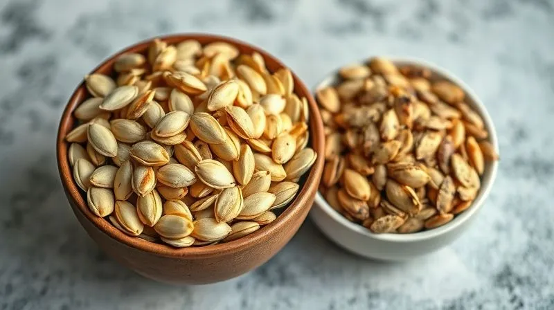 Photorealistic image of two bowls of pumpkin seeds: one with raw, unsalted seeds, and another with heavily roasted and seasoned seeds. The raw seeds look natural and fresh, while the seasoned ones appear less healthy. Cinematic lighting, depth of field.