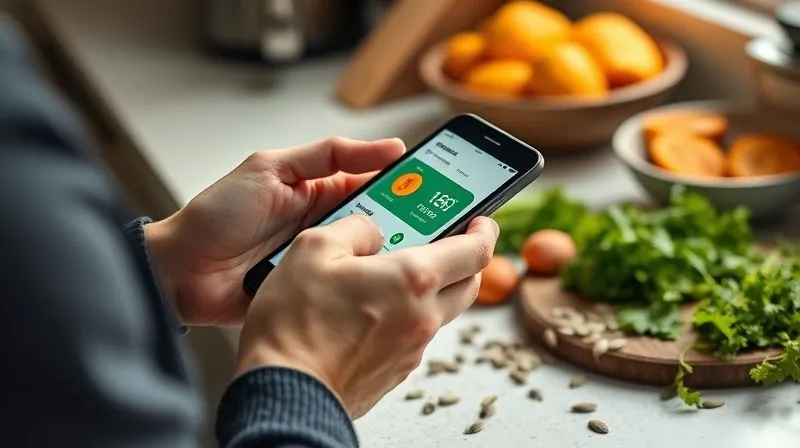 Photorealistic image of a person tracking their food intake on a smartphone app, with a spread of healthy low-carb ingredients (including a small, portioned amount of pumpkin seeds) on a kitchen counter. Soft natural light, sharp focus on the phone screen.