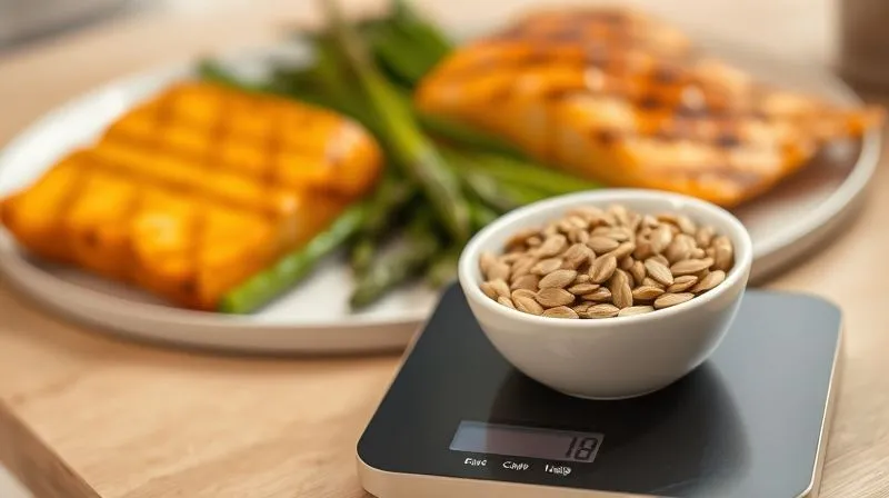 Photorealistic, professional photography of a small, elegant bowl of pumpkin seeds accurately weighed on a sleek digital kitchen scale. In the background, slightly out of focus, a vibrant, fresh low-carb meal (e.g., grilled salmon with asparagus). Cinematic lighting, sharp focus on the pumpkin seeds and scale, creating a sense of precision and control. Depth of field blurring the background. 8K hyper-detailed, showcasing texture of seeds and scale display.