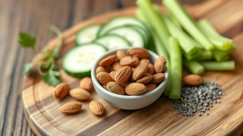 Photorealistic, professional photography of a variety of low-carb snacks artfully arranged on a wooden board: a small bowl of almonds, a few celery sticks, cucumber slices, and a tiny portion of chia seeds. Soft, natural lighting, sharp focus on the diverse textures, depth of field creating a pleasant blur in the background. 8K hyper-detailed, inviting and healthy.