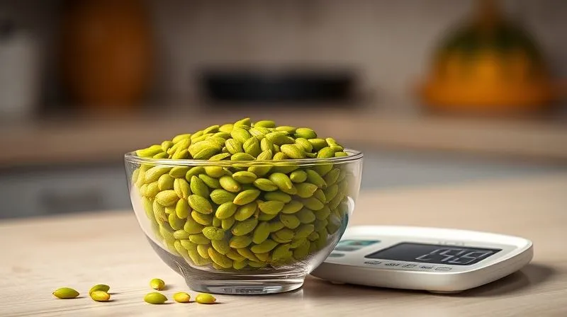 Photorealistic, professional photography, 8K, cinematic lighting, sharp focus, depth of field, shot on a high-end DSLR. A small, elegant glass bowl overflowing with vibrant green pumpkin seeds, next to a precise digital kitchen scale displaying a surprisingly high calorie count for a small portion. The background is a soft, out-of-focus kitchen counter, emphasizing the contrast between perceived health and actual caloric density.