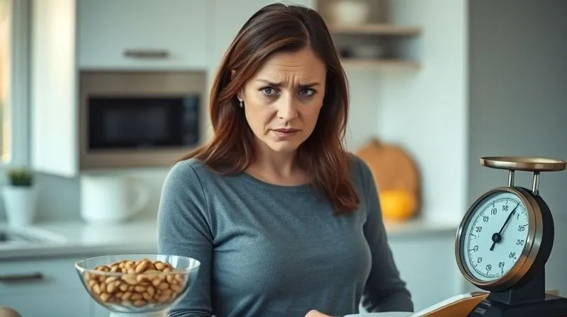 Photorealistic, professional photography, 8K, cinematic lighting, sharp focus, depth of field, shot on a high-end DSLR. A woman looking determined but slightly frustrated, standing next to a kitchen counter with a food scale and a small, carefully portioned bowl of pumpkin seeds. The background is a modern, clean kitchen, suggesting a focus on healthy eating. The lighting is soft and natural, emphasizing introspection and a moment of decision.