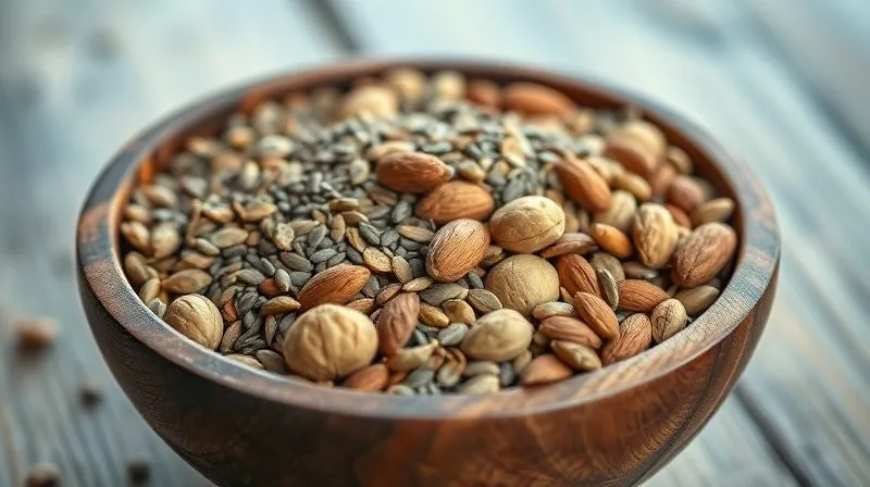 Photorealistic, professional photography, 8K, cinematic lighting, sharp focus, depth of field, shot on a high-end DSLR. A rustic wooden bowl filled with a diverse mix of healthy, low-carb seeds and nuts: chia seeds, flax seeds, almonds, walnuts, and sunflower seeds. The composition is artfully arranged, highlighting the variety and nutritional richness. Soft, natural light illuminates the scene, making the textures and colors vibrant.