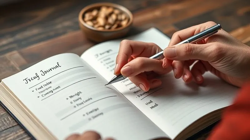 Photorealistic, professional photography, 8K, cinematic lighting, sharp focus, depth of field, shot on a high-end DSLR. A person's hand holding a pen, making notes in a neat, open journal with sections for 'Food Intake', 'Weight', 'Energy Levels', and 'Mood'. A small bowl of pumpkin seeds is subtly visible in the background, out of focus. The scene emphasizes mindfulness and self-tracking in a healthy lifestyle context.