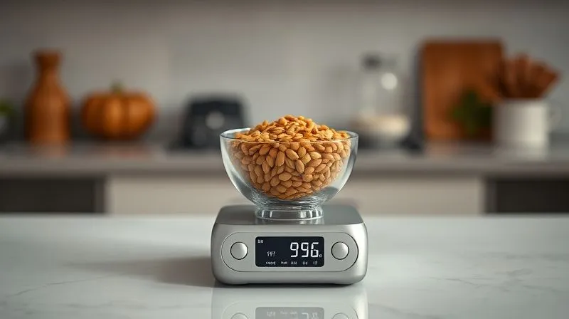 A photorealistic image of a small digital kitchen scale with a bowl of pumpkin seeds being weighed, showing a precise measurement on the display. The background is a clean, minimalist kitchen counter with soft, natural light, emphasizing precision and control, 8K, professional photography, cinematic lighting, sharp focus, depth of field, shot on a high-end DSLR.