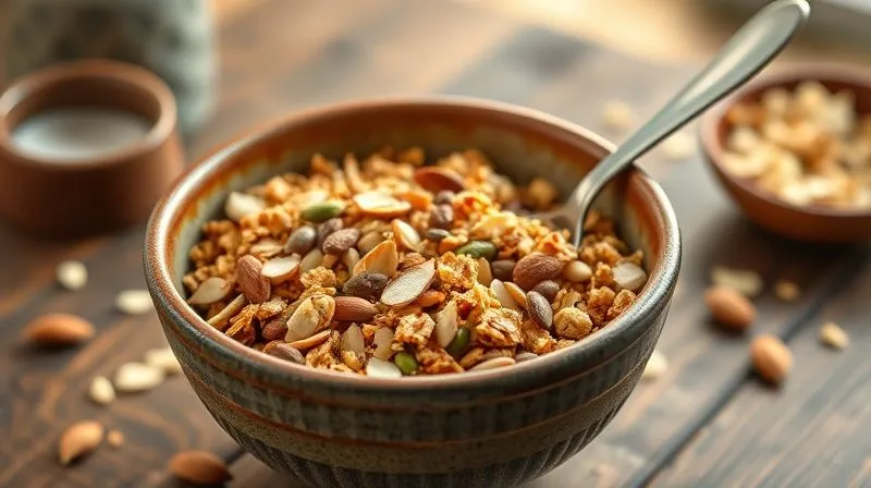 A vibrant, photorealistic professional photography shot of a healthy keto granola with pumpkin seeds, almonds, and coconut flakes in a rustic ceramic bowl, with a spoon resting inside. The background shows a wooden table with soft morning light, evoking a sense of wholesome breakfast, 8K, cinematic lighting, sharp focus, depth of field, shot on a high-end DSLR.