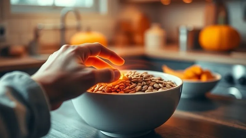 A visually striking, photorealistic professional photography shot of a person's hand reaching for a bowl of pumpkin seeds, but a transparent, glowing force field subtly prevents them from taking too many, symbolizing mindful eating and portion control. Cinematic lighting, sharp focus on the hand and seeds, depth of field blurring the background of a kitchen, 8K, shot on a high-end DSLR.