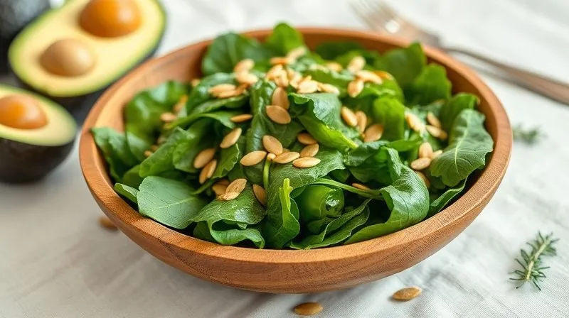 A photorealistic, professional photography of a vibrant, low-carb spinach and avocado salad, generously topped with golden pumpkin seeds. The salad is in a rustic wooden bowl on a light linen tablecloth, with a side of olive oil and lemon dressing. Soft, diffused natural light illuminates the scene, highlighting the textures and freshness. 8K, cinematic lighting, sharp focus, depth of field, shot on a high-end DSLR.