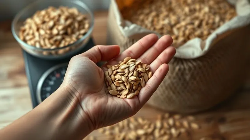 A photorealistic, professional photography of a person's hand holding a small, perfectly measured portion of pumpkin seeds (around 20-30g) in a cupped palm, emphasizing portion control. The background is a slightly blurred kitchen scale and a large bag of pumpkin seeds, suggesting conscious and measured consumption. Soft, natural lighting. 8K, cinematic lighting, sharp focus, depth of field, shot on a high-end DSLR.