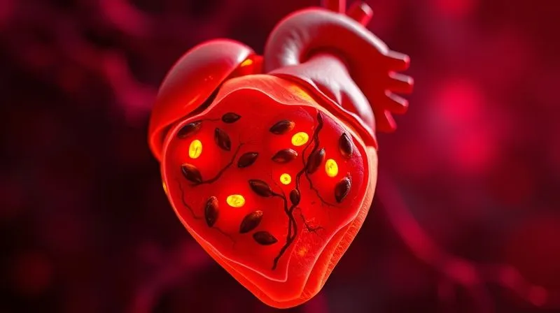 A photorealistic, professional photography of a cross-section of a human heart, stylized to show healthy blood flow and vibrant, strong muscle tissue, with small, glowing pumpkin seeds metaphorically integrated into the structure, symbolizing their contribution to heart health. Cinematic lighting, deep red and blue tones, sharp focus, depth of field, 8K, shot on a high-end DSLR.