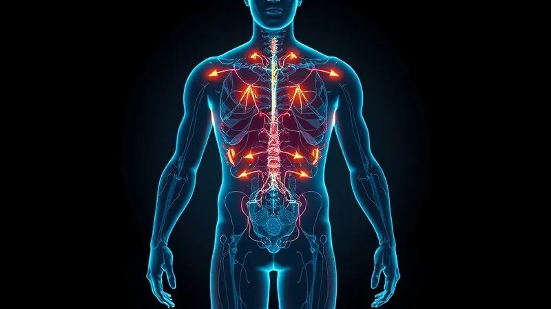 Photorealistic, professional photography of a glowing human body outline with arrows indicating metabolic pathways and energy flow, set against a dark, futuristic background. Cinematic lighting, sharp focus on the energy lines, depth of field. 8K hyper-detailed, shot on a high-end DSLR.