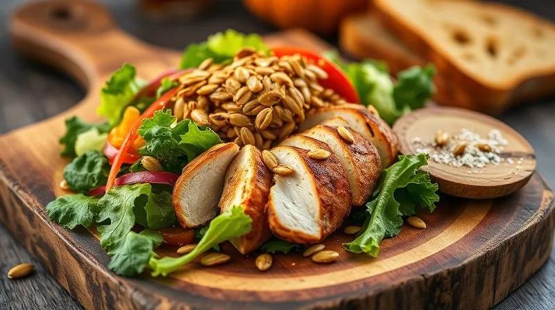 Photorealistic, professional photography of a vibrant, healthy low-carb salad with grilled chicken and generously sprinkled roasted pumpkin seeds, presented on a rustic wooden board with a side of homemade keto bread. The scene is lit with warm, inviting cinematic lighting, sharp focus on the textures of the food, depth of field blurring the background. 8K hyper-detailed, shot on a high-end DSLR.