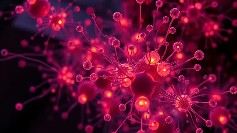 Photorealistic, professional photography of a microscopic view of a healthy gut microbiome, with diverse beneficial bacteria glowing in a vibrant, intricate network, set against a dark background with subtle light rays. Cinematic lighting, sharp focus on the microbial structures, depth of field. 8K hyper-detailed, shot on a high-end DSLR.
