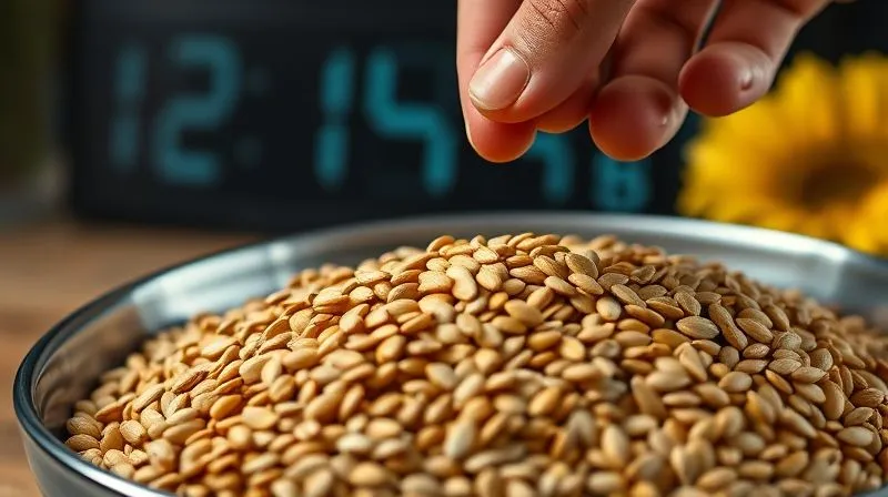Photorealistic close-up of a hand reaching for a handful of sunflower seeds from a large bowl, with a subtle, almost imperceptible digital counter in the background showing rising carb numbers, conveying the idea of hidden carbs and portion control challenge. Cinematic lighting, sharp focus on the seeds, depth of field. 8K hyper-detailed.