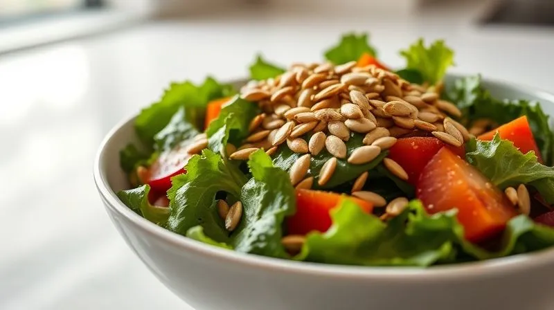 Photorealistic image of a vibrant, fresh keto salad topped with a sprinkle of perfectly roasted sunflower seeds, glistening with a light dressing. The salad is in a modern, minimalist bowl on a bright kitchen counter. Sharp focus on the salad, depth of field. 8K hyper-detailed, shot on a high-end DSLR, emphasizing healthy and delicious eating.