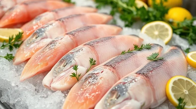 photorealistic, professional photography, 8K, cinematic lighting, sharp focus, depth of field, shot on a high-end DSLR, a selection of fresh, raw fish fillets on ice with vibrant herbs and lemon slices, ready for cooking, in a clean, market-like setting, conveying freshness and quality. No text or logos.