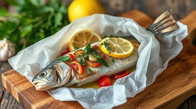 photorealistic, professional photography, 8K, cinematic lighting, sharp focus, depth of field, shot on a high-end DSLR, a perfectly baked fish fillet 'en papillote' (in parchment paper), just opened, revealing steam, herbs, lemon, and colorful vegetables inside, on a rustic wooden board, conveying freshness and health. No text or logos.