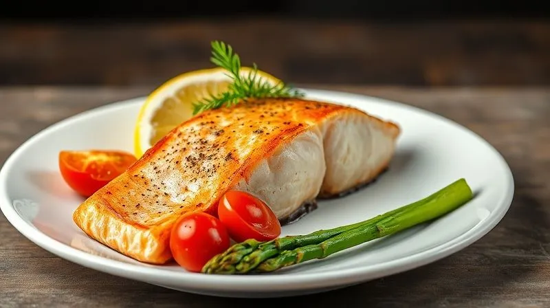photorealistic, professional photography, 8K, cinematic lighting, sharp focus, depth of field, shot on a high-end DSLR, a perfectly baked salmon fillet served on a white plate with vibrant roasted asparagus and cherry tomatoes, garnished with fresh dill and lemon wedges, emphasizing a healthy and delicious diet meal. No text or logos.