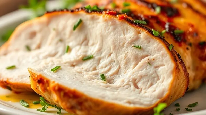 A close-up, photorealistic image of a perfectly cooked, lean turkey breast slice, showcasing its tender texture and juiciness, with a vibrant green herb garnish. The background is softly blurred, emphasizing the deliciousness and health benefits. Professional photography, 8K, cinematic lighting, sharp focus, depth of field, shot on a high-end DSLR.