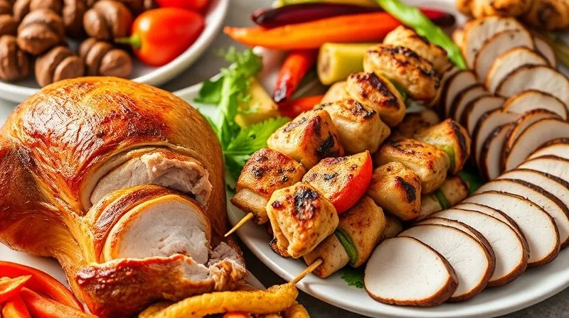 A vibrant, professional photography shot of various turkey dishes prepared with different cooking methods: a succulent, golden-brown roasted turkey breast, crispy grilled turkey skewers with colorful vegetables, and tender turkey slices from a sous-vide preparation. Each dish is artfully arranged, showcasing diverse textures and colors. Cinematic lighting, sharp focus, depth of field, 8K, shot on a high-end DSLR.