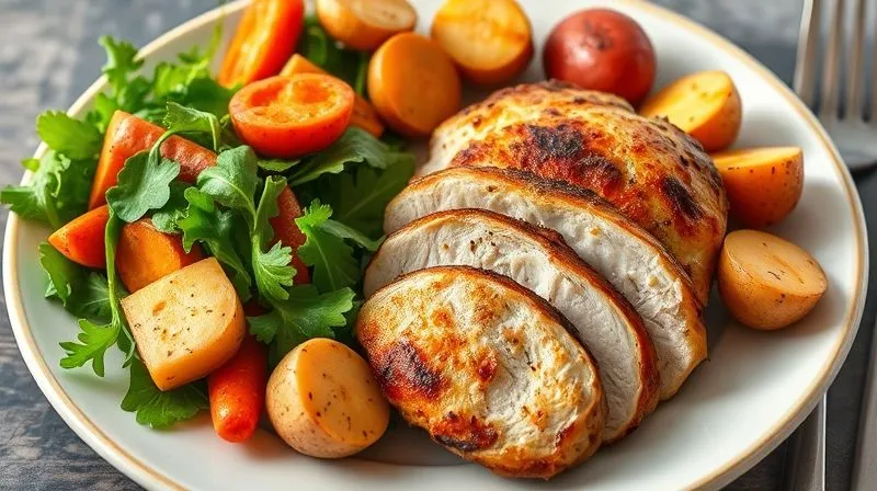 A perfectly balanced and colorful meal plate featuring a portion of golden-brown roasted turkey breast, accompanied by a vibrant medley of roasted root vegetables (carrots, sweet potatoes, parsnips) and a fresh green salad. The composition emphasizes health, variety, and appetite appeal, with cinematic lighting and sharp focus on the food. Photorealistic, professional photography, 8K, shot on a high-end DSLR.