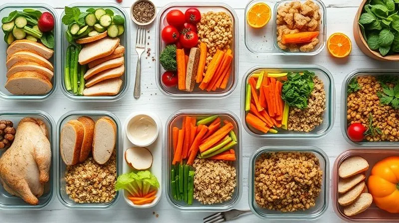 A visually appealing flat lay of a meal prep station, showcasing neatly organized containers with varied healthy meals, including different preparations of turkey, colorful vegetables, and grains. The scene conveys a sense of organization, mindfulness, and delicious anticipation. Professional photography, 8K, cinematic lighting, sharp focus, depth of field, shot on a high-end DSLR.