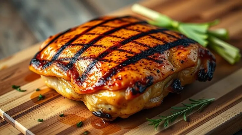 Photorealistic, professional photography of a perfectly grilled chicken breast, showing beautiful char marks, resting on a wooden cutting board with a sprinkle of fresh herbs. Cinematic lighting, sharp focus on the chicken, depth of field blurring the background, 8K hyper-detailed, shot on a high-end DSLR, evoking a sense of healthy, flavorful meal.