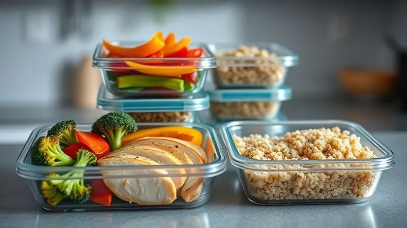 Photorealistic, professional photography of clear meal prep containers filled with perfectly cooked, sliced chicken breast, roasted vegetables (broccoli, bell peppers), and quinoa. Arranged neatly on a minimalist kitchen counter. Cinematic lighting, sharp focus on the food, depth of field blurring the background, 8K hyper-detailed, shot on a high-end DSLR, conveying organization and healthy eating.