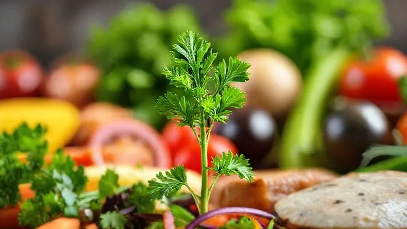 A single vibrant green parsley leaf standing tall amidst a blurred background of various healthy foods like fruits, vegetables, and lean proteins, symbolizing its role as one component of a larger diet. Photorealistic, professional photography, 8K, cinematic lighting, sharp focus, depth of field.