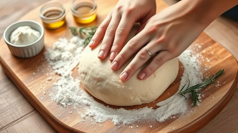 Photorealistic, professional photography of hands kneading a light, gluten-free pizza dough made from buckwheat and rice flour, on a wooden board dusted with flour. Fresh ingredients like a small bowl of yeast, olive oil, and a sprig of rosemary are artfully arranged in the background. Cinematic lighting, sharp focus on the hands and dough, depth of field blurring the background, 8K hyper-detailed, shot on a high-end DSLR.