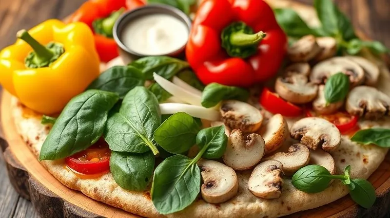 Photorealistic, professional photography of a beautifully arranged, colorful array of fresh, healthy pizza toppings: vibrant bell peppers (red, yellow, green) sliced, fresh spinach leaves, sliced mushrooms, lean grilled chicken strips, a small bowl of light mozzarella, and fragrant herbs like basil and oregano. All on a rustic wooden board, with cinematic lighting, sharp focus on the ingredients, depth of field blurring the background, 8K hyper-detailed, shot on a high-end DSLR.