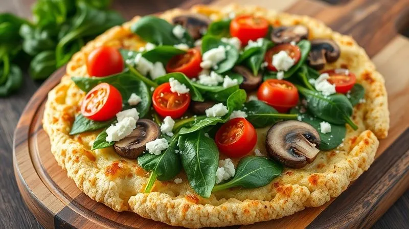 Photorealistic, professional photography of a delicious, healthy cauliflower crust pizza, topped with vibrant green spinach, cherry tomatoes, sliced mushrooms, and a light sprinkle of feta cheese. The texture of the cauliflower crust is clearly visible. The pizza is on a rustic wooden board, with soft, natural cinematic lighting, sharp focus on the pizza, depth of field blurring the background, 8K hyper-detailed, shot on a high-end DSLR.
