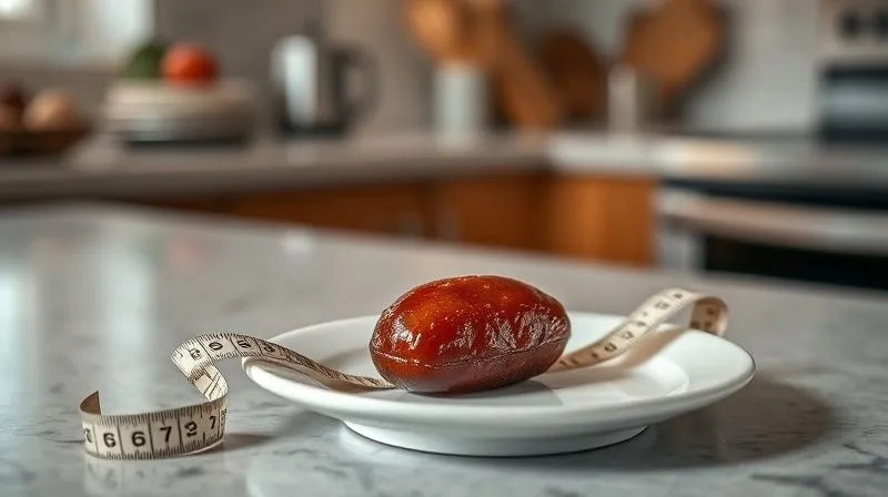 A close-up, photorealistic, professional photography shot of a single, perfectly formed date praline placed on a small, elegant plate next to a measuring tape, emphasizing portion control. The background is a softly blurred kitchen counter, with cinematic lighting highlighting the texture of the praline. Sharp focus, depth of field. 8K hyper-detailed, shot on a high-end DSLR.