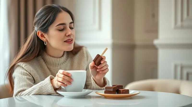 A photorealistic, professional photography shot of a woman calmly enjoying a single date praline, sitting at a clean, minimalist table with a cup of herbal tea. Her eyes are closed in contentment, illustrating mindful eating. Soft, natural light, sharp focus on the praline and her expression, depth of field. 8K hyper-detailed, shot on a high-end DSLR.