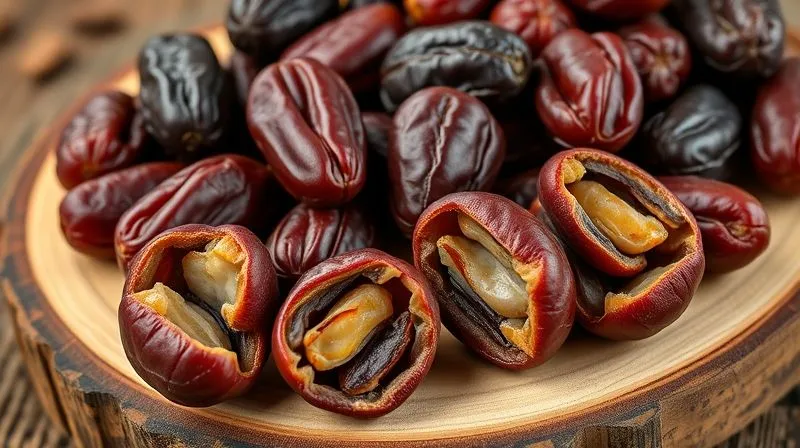 photorealistic, professional photography, 8K, cinematic lighting, sharp focus, depth of field, shot on a high-end DSLR, a close-up of various types of dates (Medjool, Deglet Nour) arranged aesthetically on a rustic wooden board, with some dates cut open to show their sticky interior, emphasizing their natural sweetness and texture. Soft, warm light highlights the details.