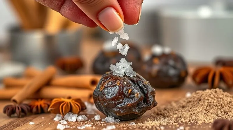 photorealistic, professional photography, 8K, cinematic lighting, sharp focus, depth of field, shot on a high-end DSLR, a hand delicately sprinkling a pinch of sea salt flakes onto a finished date truffle, surrounded by various spices like cinnamon sticks, star anise, and cocoa powder. The focus is on the salt and truffle, with a warm, inviting kitchen background.