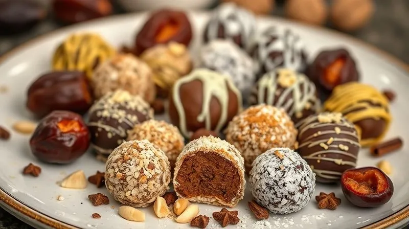 photorealistic, professional photography, 8K, cinematic lighting, sharp focus, depth of field, shot on a high-end DSLR, a beautifully arranged plate of various date truffles, some rolled in coconut, some in cocoa powder, some in chopped nuts, with a few fresh dates and spices scattered around. The lighting is soft and inviting, emphasizing the textures and natural colors of the truffles.