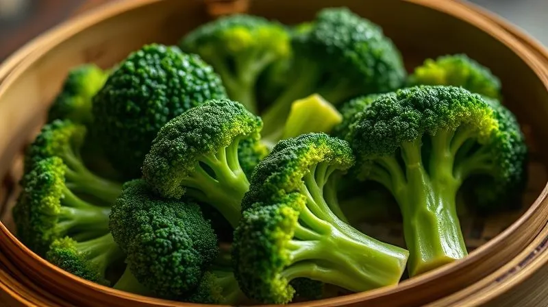Photorealistic image of perfectly steamed broccoli florets glistening, with a rich green color, on a bamboo steamer, cinematic lighting, sharp focus.