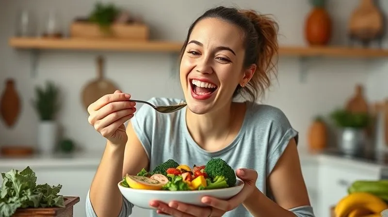 Photorealistic image of a woman joyfully eating a colorful, healthy vegan meal featuring broccoli, in a bright, modern kitchen, cinematic lighting, sharp focus, 8K hyper-detailed, conveying happiness and satisfaction with healthy food.