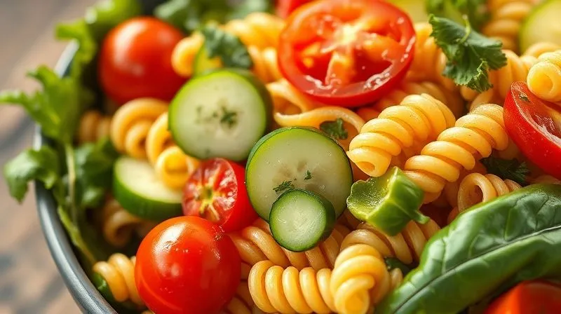 Photorealistic close-up of a vibrant, fresh pasta salad bowl overflowing with colorful vegetables like cherry tomatoes, crisp cucumber, bell peppers, and leafy greens, with a few strands of whole-wheat pasta visible. Cinematic lighting, sharp focus on the textures, depth of field, 8K hyper-detailed, professional food photography.