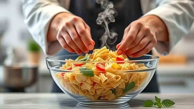 Photorealistic image of a chef's hands carefully mixing a healthy pasta salad in a large glass bowl, with steam gently rising from some freshly cooked, cooled pasta. The background shows a clean, modern kitchen. Cinematic lighting, sharp focus on the hands and salad, depth of field, 8K hyper-detailed, professional food photography.