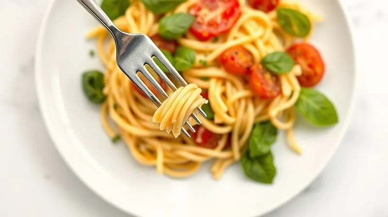 Photorealistic overhead shot of a perfectly plated, healthy pasta salad, artfully arranged on a minimalist white plate, showcasing vibrant colors and textures. A single fork is poised to take a bite. Soft, natural light, sharp focus, depth of field, 8K hyper-detailed, professional food photography.